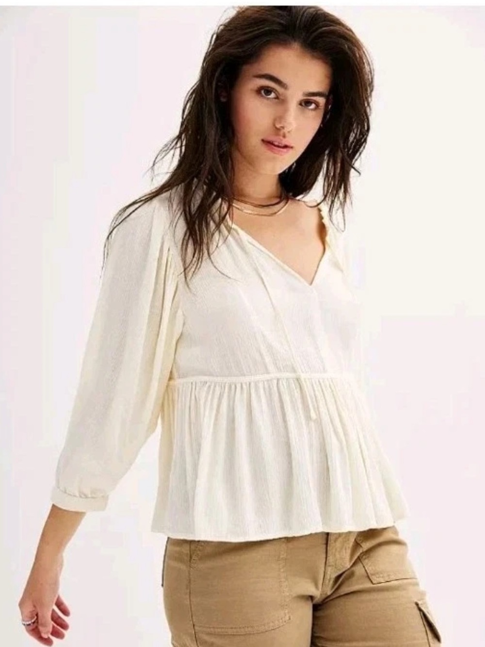 SO Goods for Life  Cream V-Neck Peasant Tiered Peplum Blouse Top size Large - Picture 2 of 8